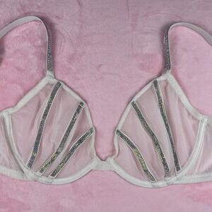 Victoria's Secret Bra Very Sexy Low Cut Demi White Mesh Shine Strap 34D NWT